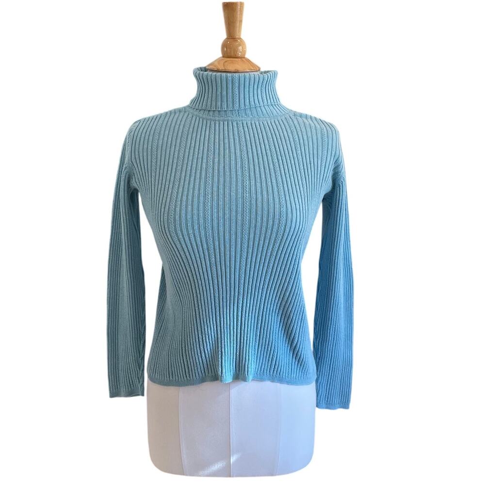 LizSport Cotton Light Blue Ribbed Knit Long Sleeve Turtleneck Sweater, Y2K, S